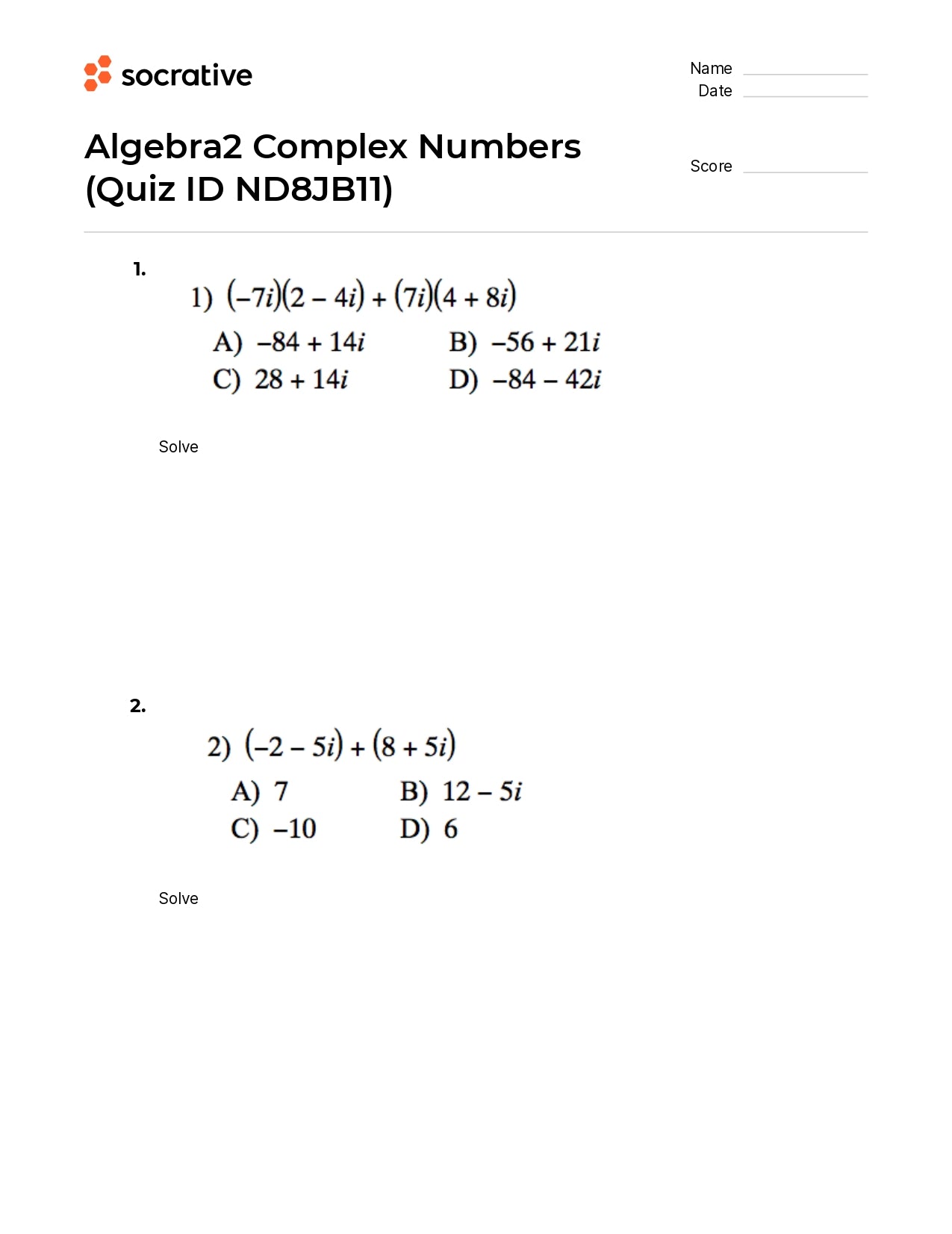 Algebra 2 Complex Numbers