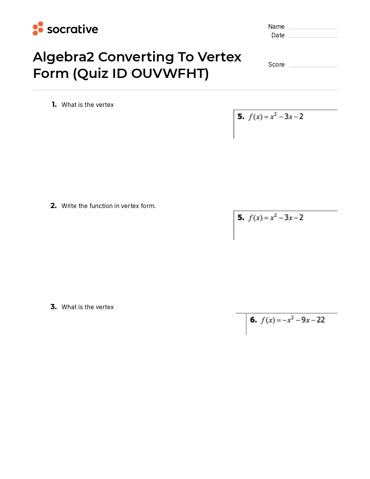 Algebra 2 Converting To Vertex Form