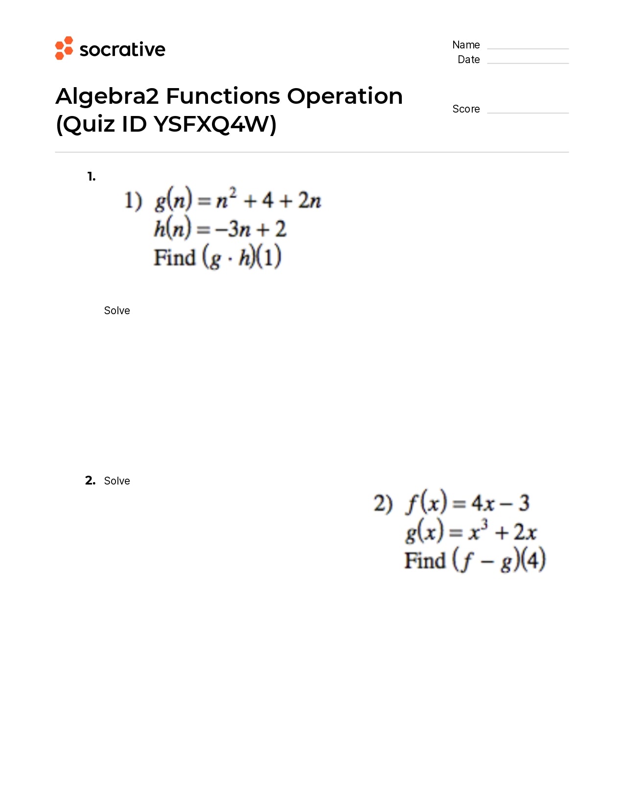 Algebra 2 Functions Operation
