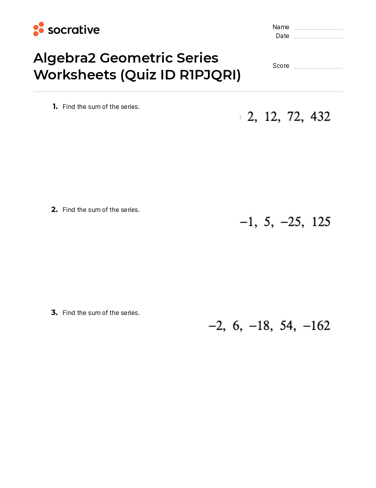 Algebra 2 Geometric Series Worksheets