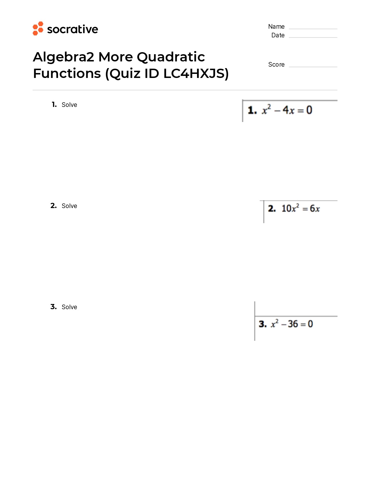 Algebra 2 More Quadratic Functions