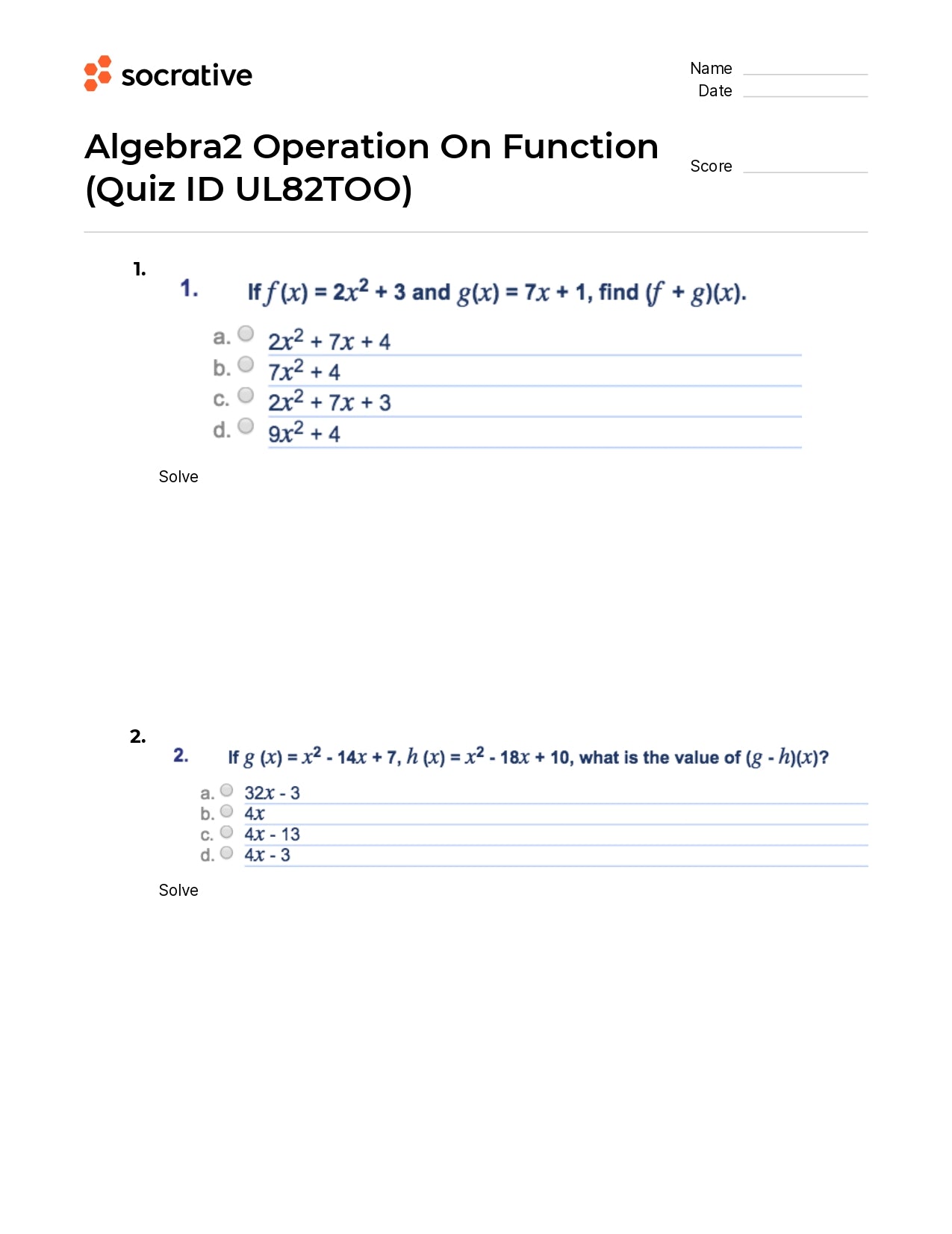 Algebra 2 Operation On Function