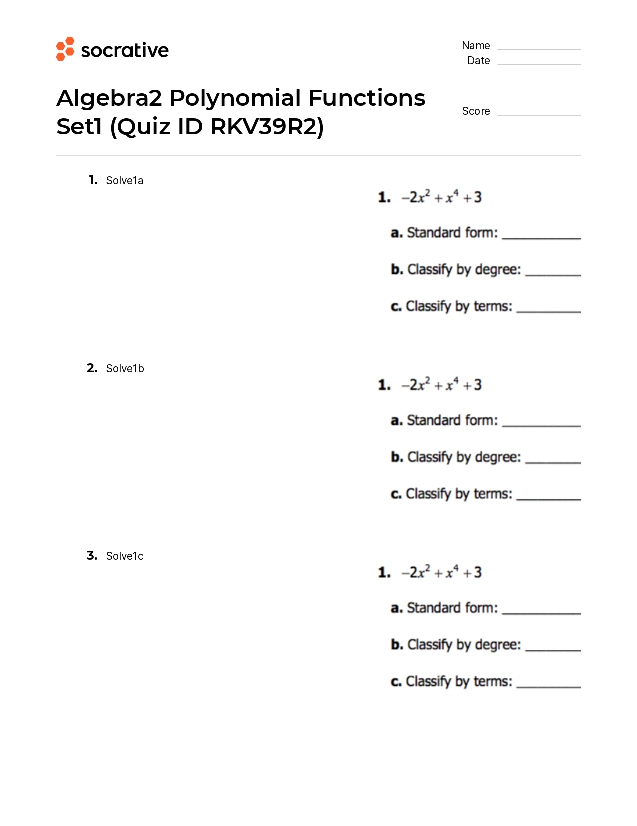 Algebra 2 Polynomial Functions Set1