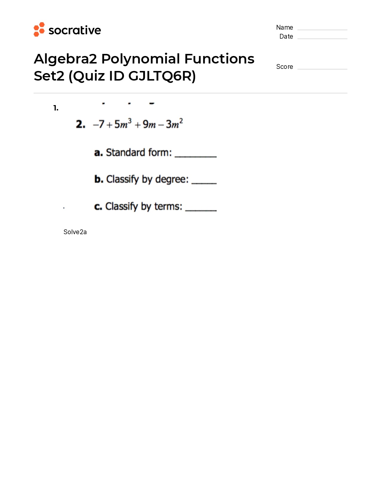 Algebra 2 Polynomial Functions Set2