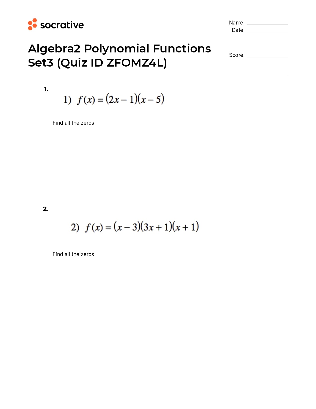 Algebra 2 Polynomial Functions Set3