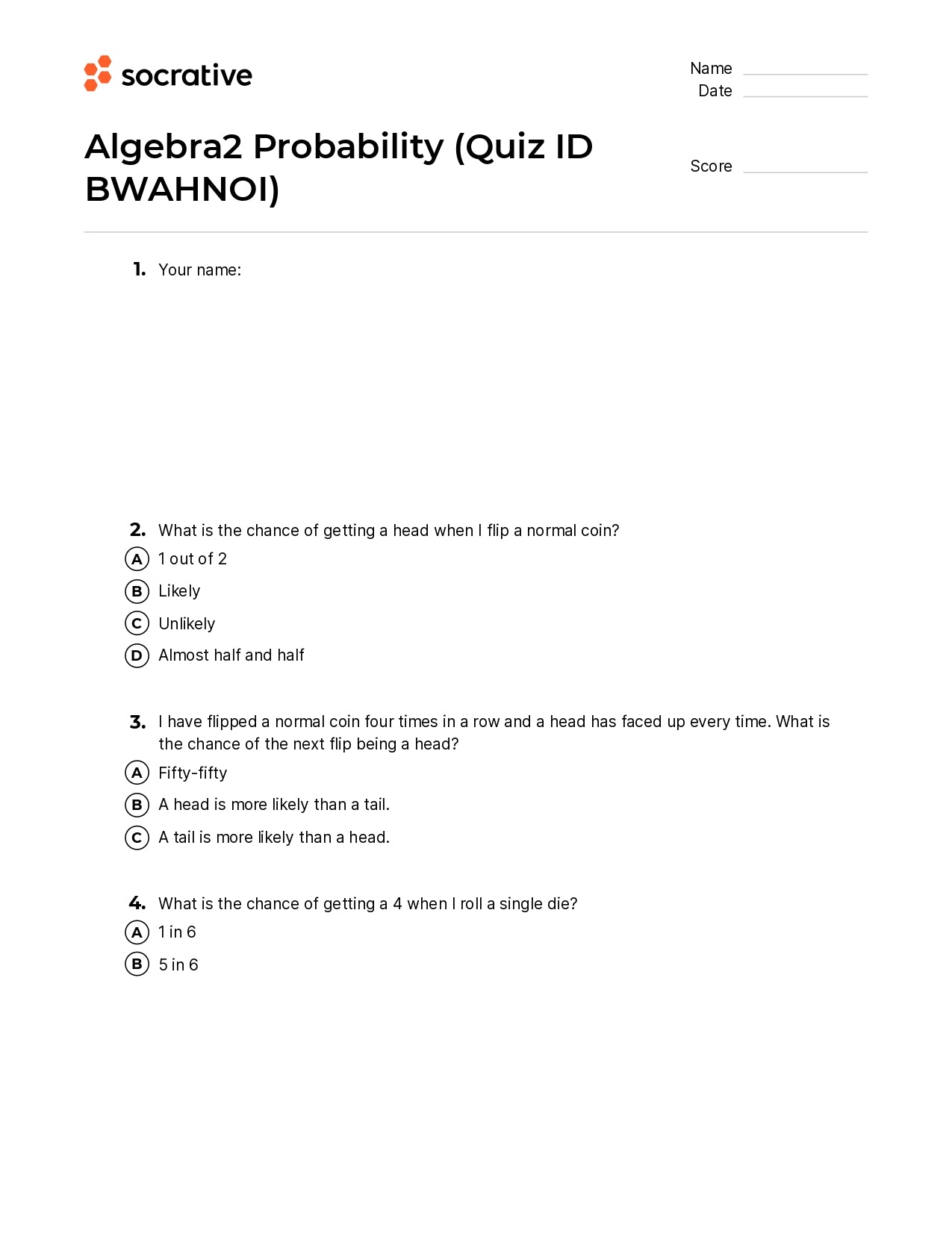 Algebra 2 Probability