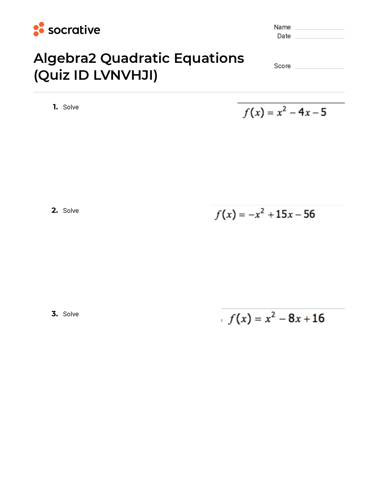 Algebra 2 Quadratic Equations