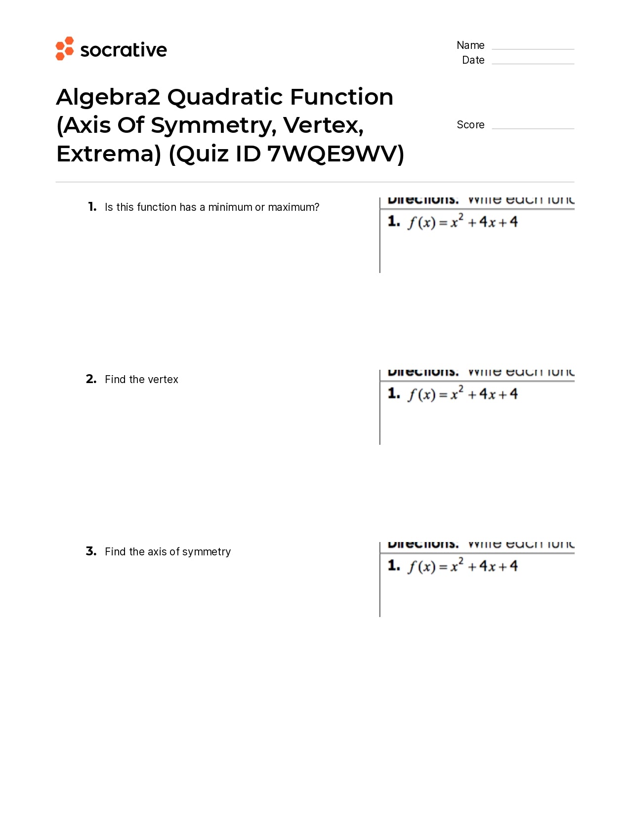 Algebra 2 Quadratic Function (Axis Of Symmetry Vertex Extrema)