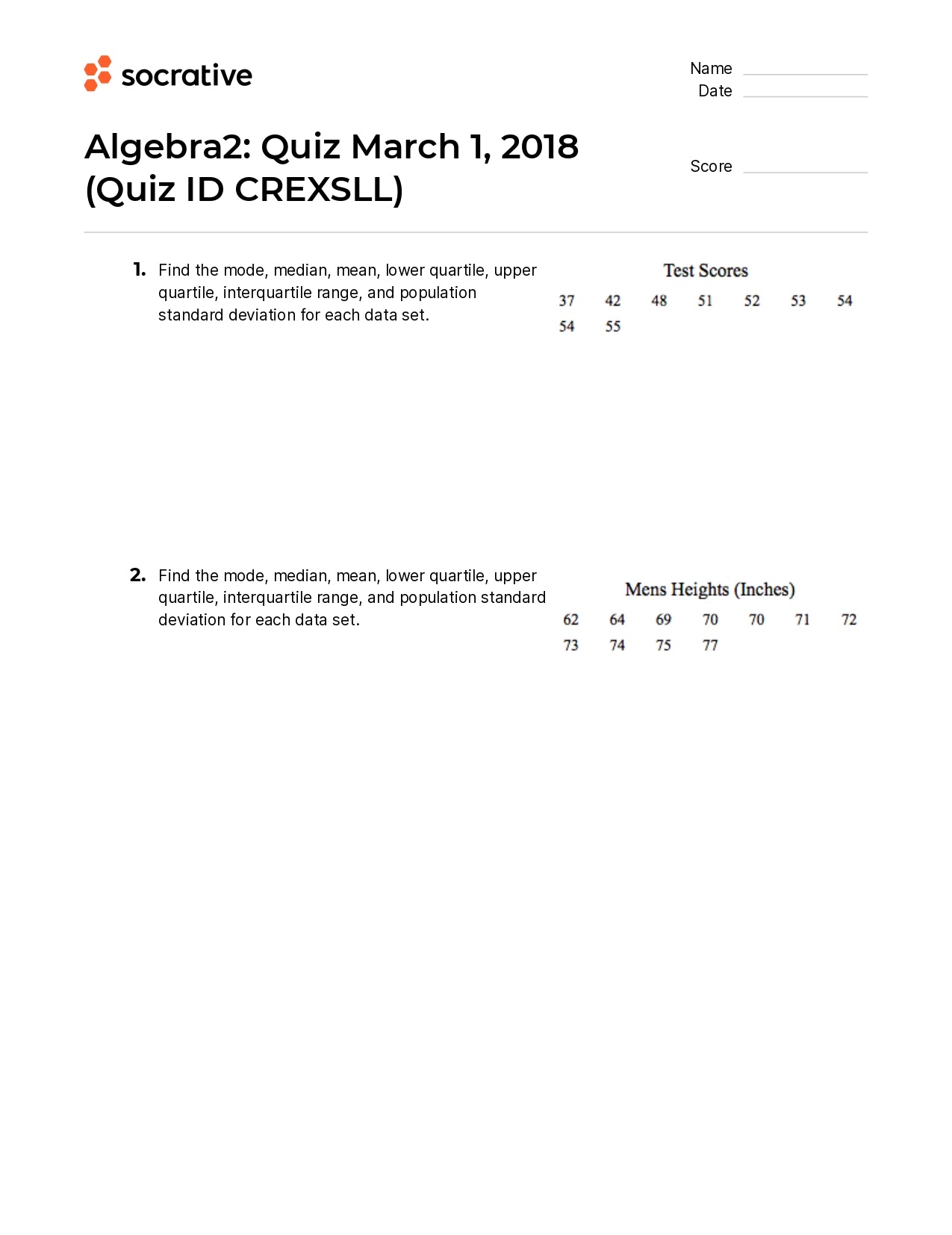 Algebra 2 Quiz March 1 2018
