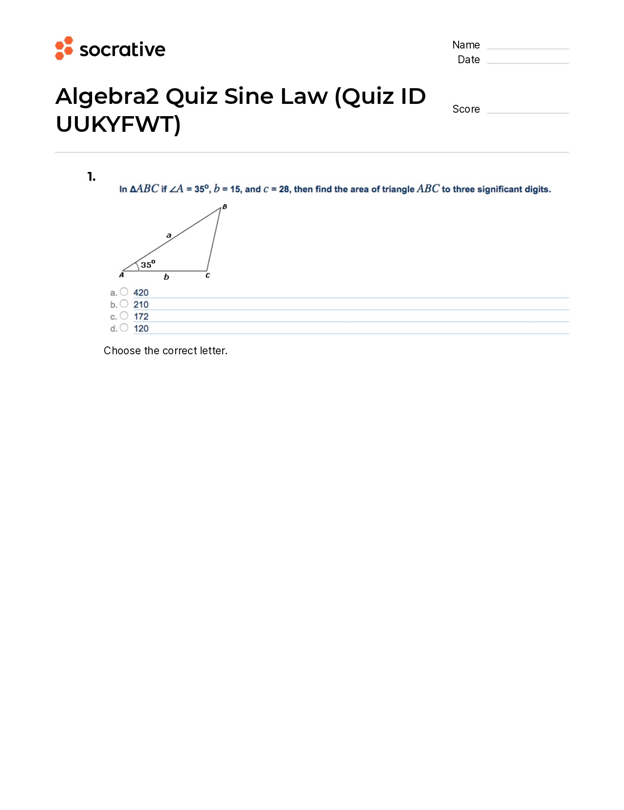 Algebra 2 Quiz Sine Law