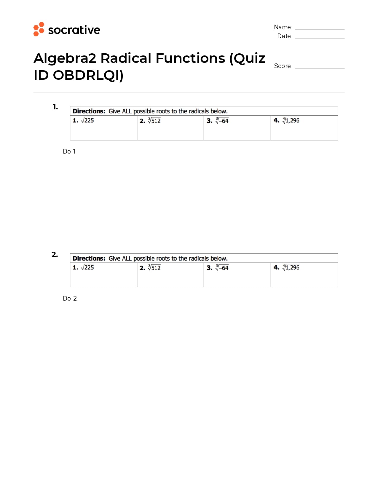 Algebra 2 Radical Functions