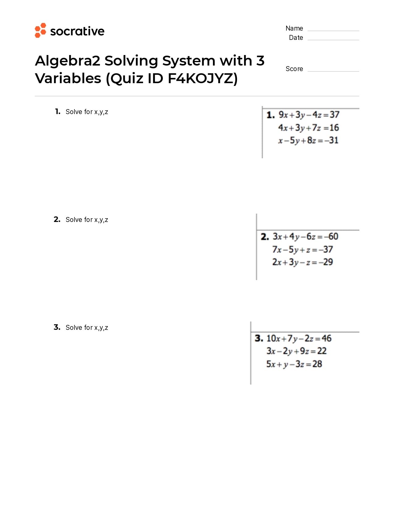 Algebra 2 Solving System With 3 Variables