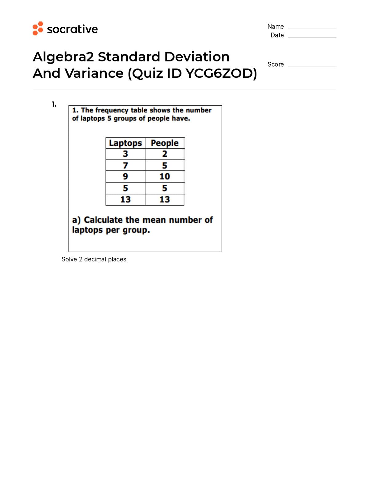 Algebra 2 Standard Deviation And Variance Quiz Shop