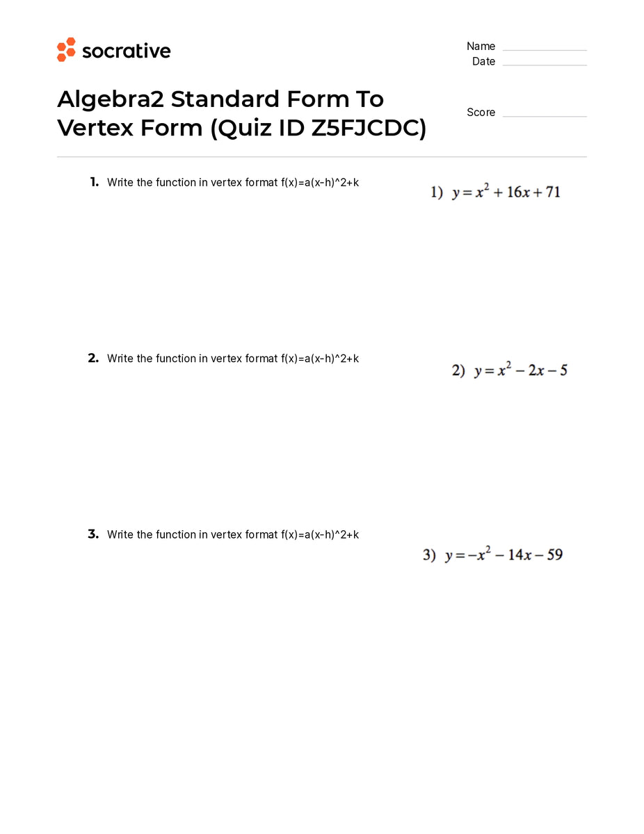 Algebra 2 Standard Form To Vertex Form Quiz Shop