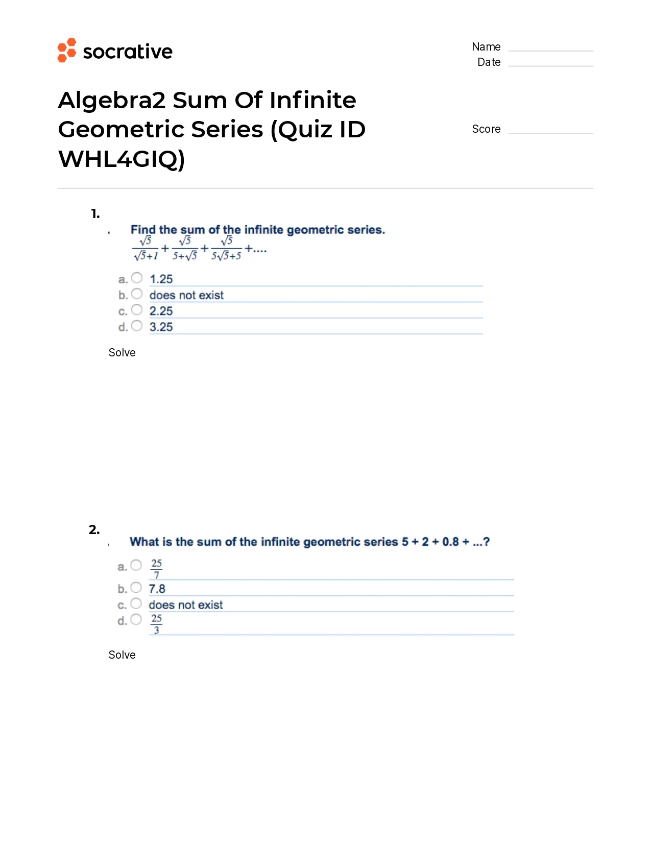 Algebra 2 Sum Of Infinite Geometric Series
