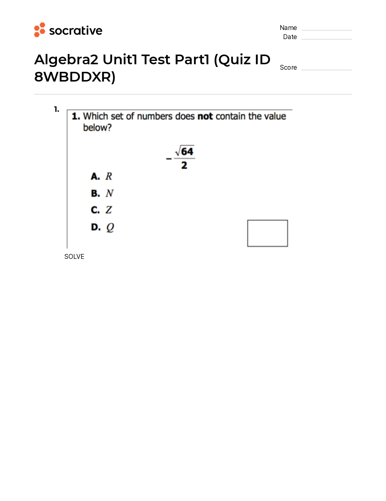 Algebra 2 Unit1 Test Part1