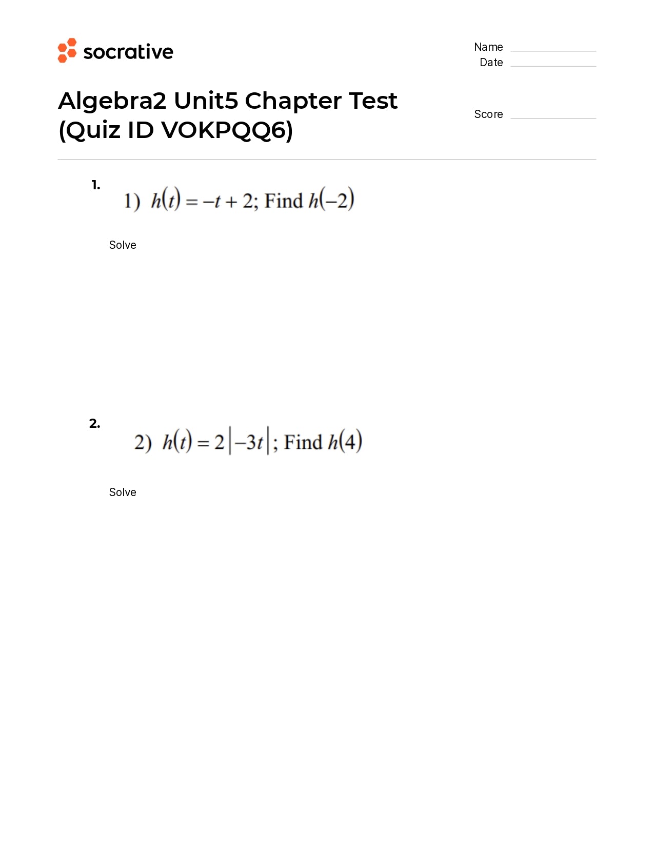 Algebra 2 Unit5 Chapter Test