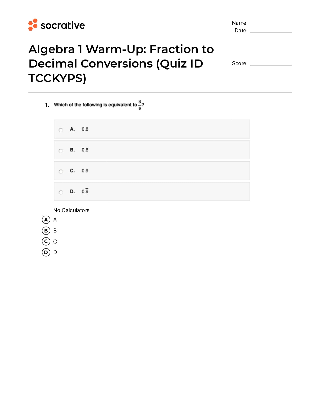 Algebra 1 Warm-Up Fraction To Decimal Conversions