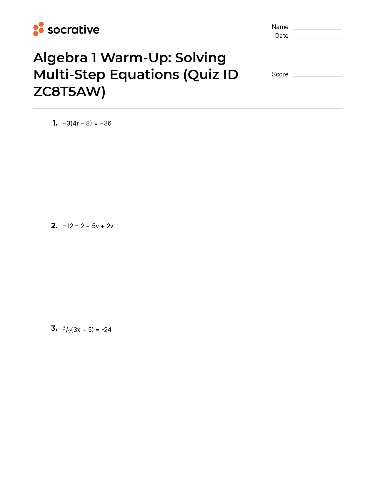 Algebra 1 Warm-Up Solving Multi-Step Equations