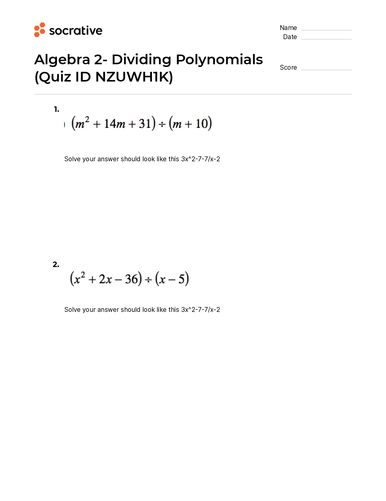 Algebra 2-Dividing Polynomials