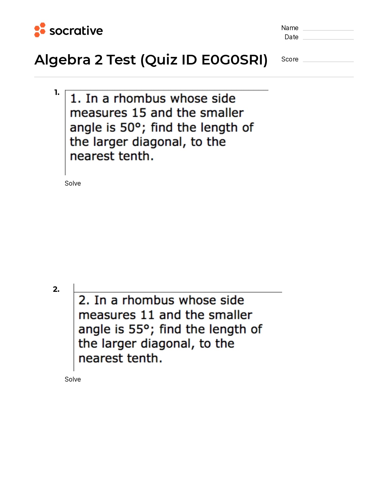 Algebra 2 Test