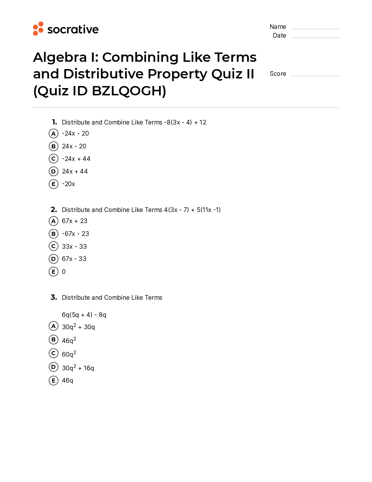 Algebra I Combining Like Terms And Distributive Property Quiz Ii