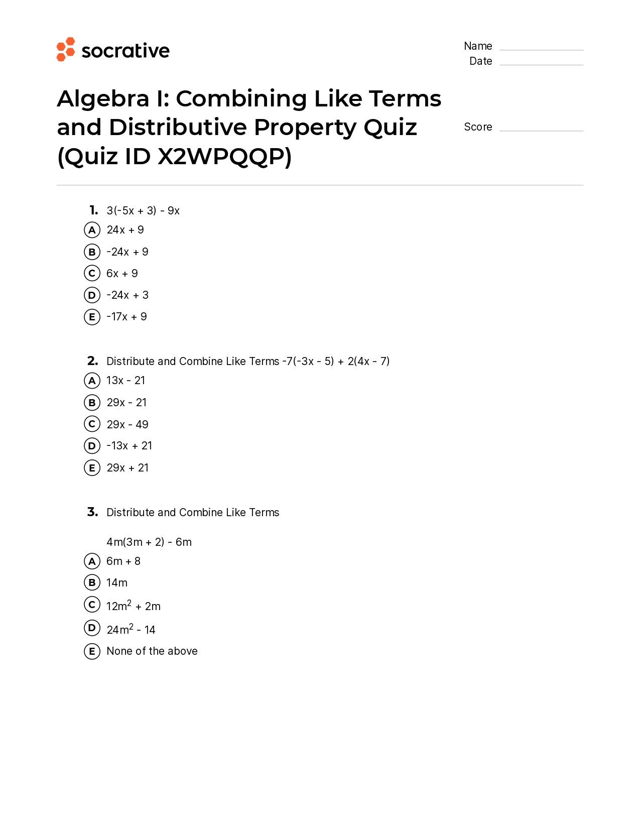 Algebra I Combining Like Terms And Distributive Property Quiz