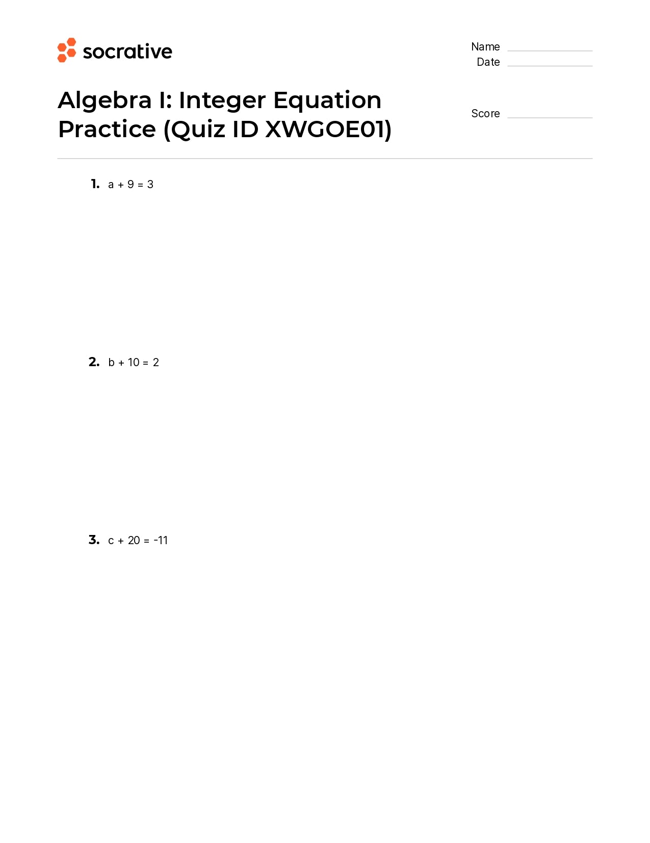 Algebra I Integer Equation Practice