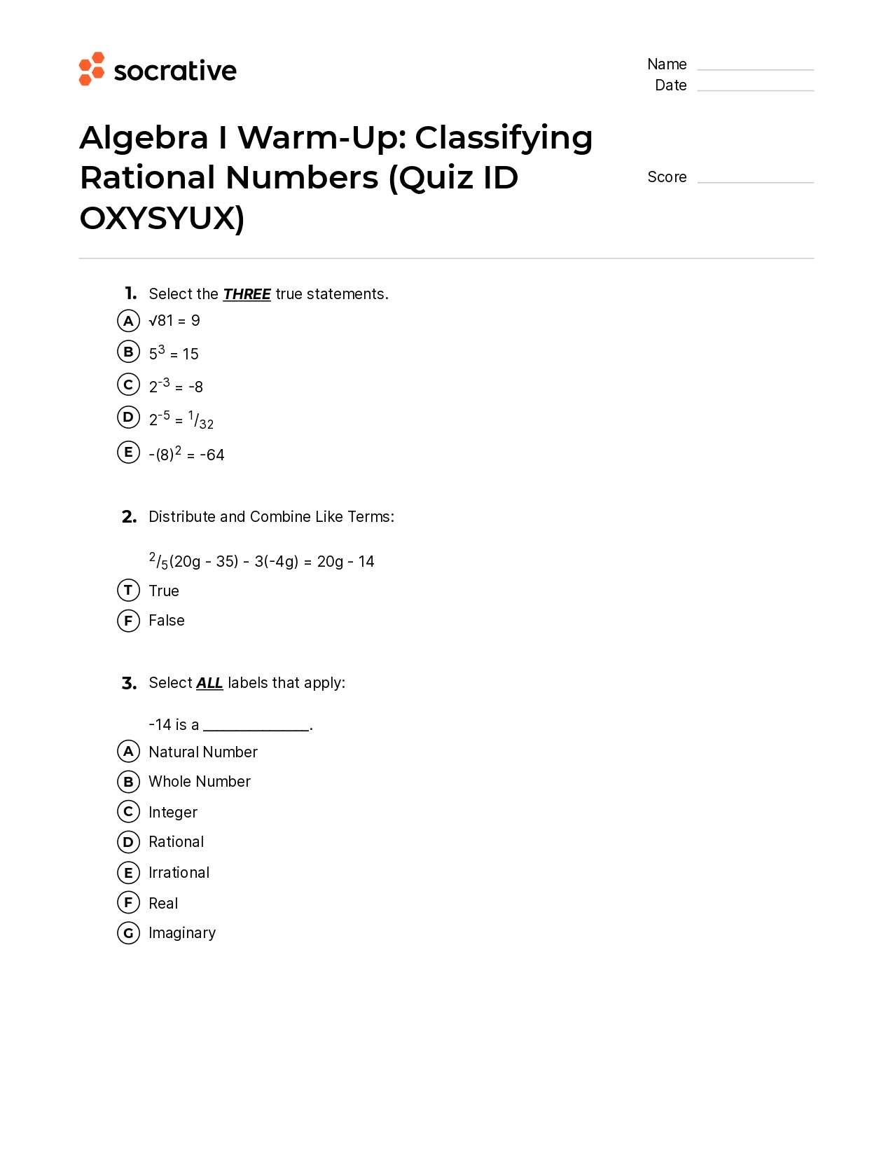 Algebra I Warm-Up Classifying Rational Numbers