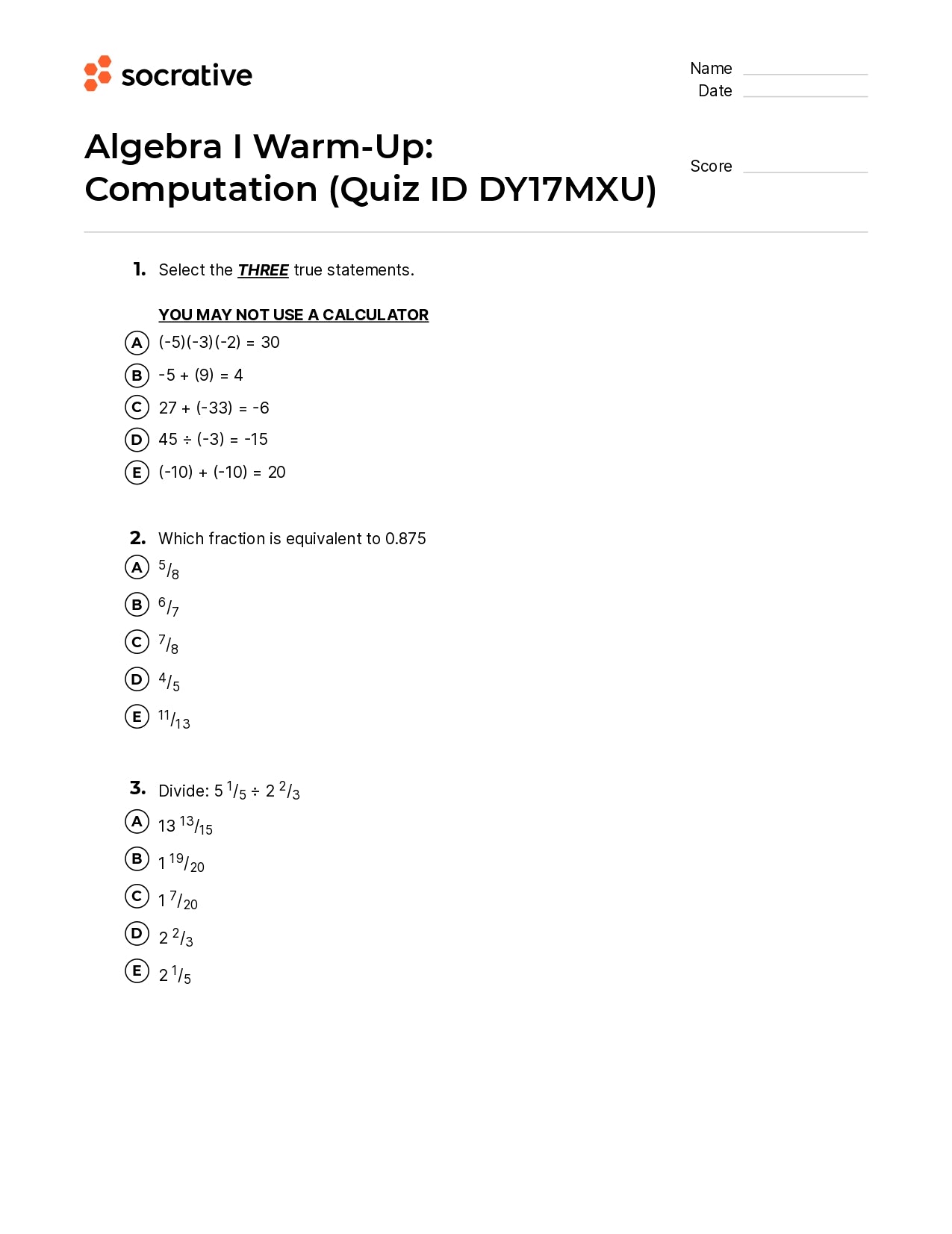 Algebra I Warm-Up Computation