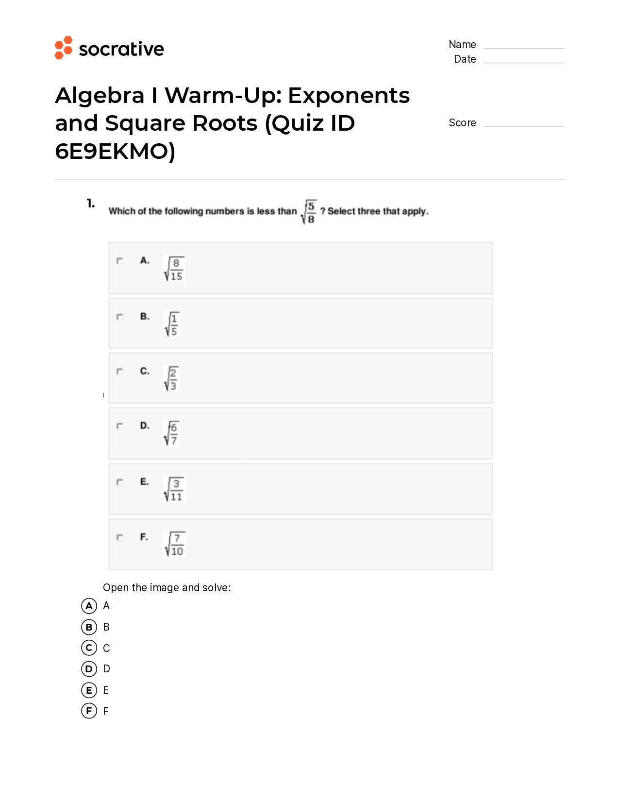 Algebra I Warm-Up Exponents And Square Roots