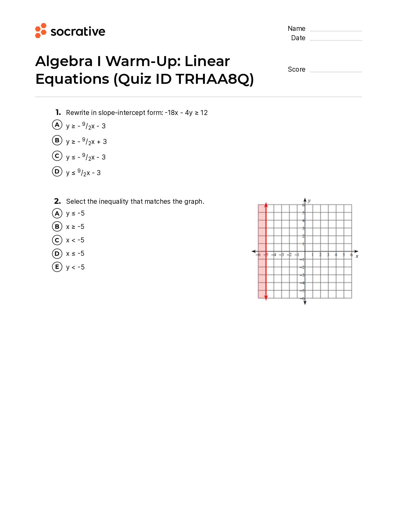 Algebra I Warm-Up Linear Equations