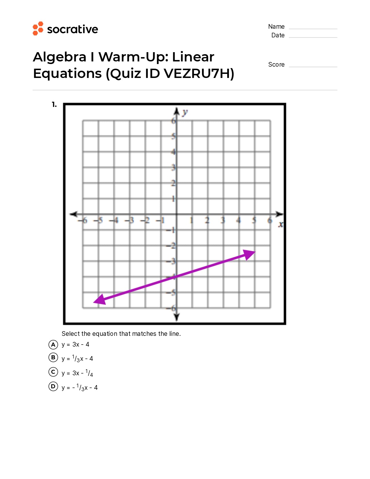 Algebra I Warm-Up Linear Equations