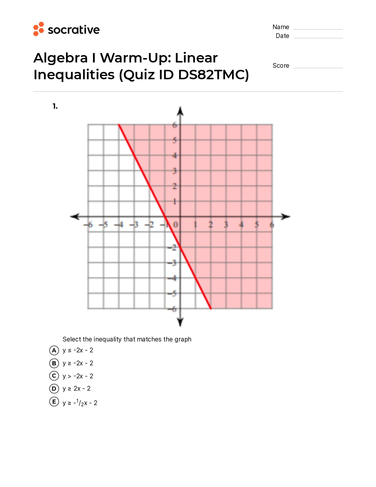 Algebra I Warm-Up Linear Inequalities