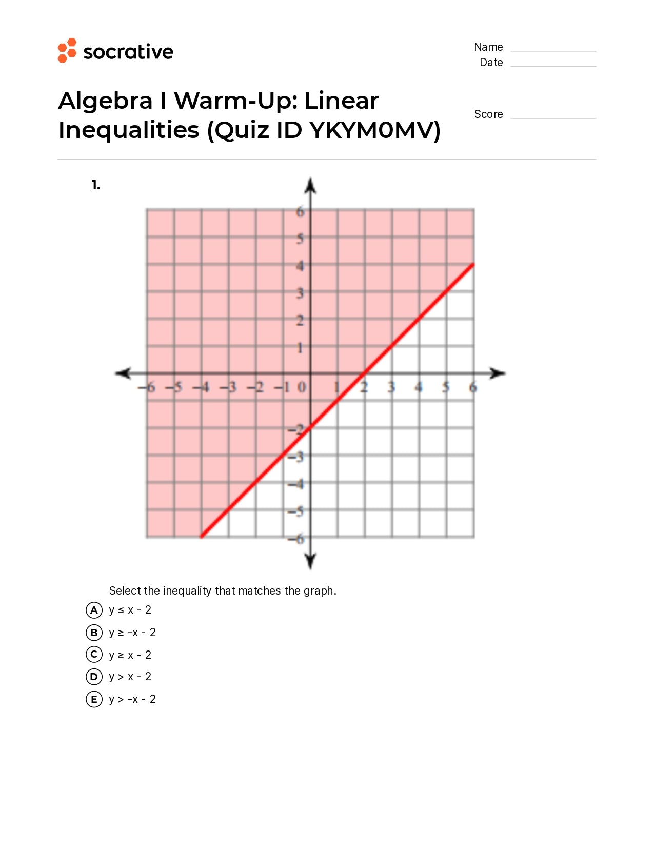 Algebra I Warm-Up Linear Inequalities