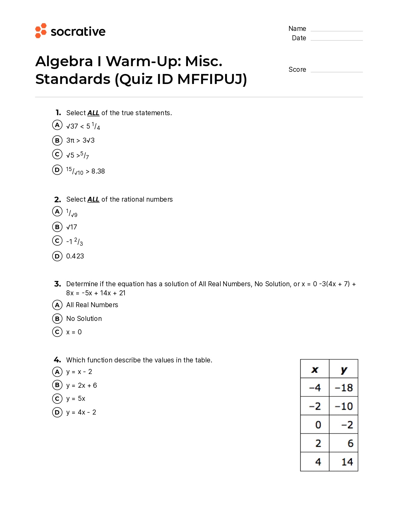 Algebra I Warm-Up Misc. Standards