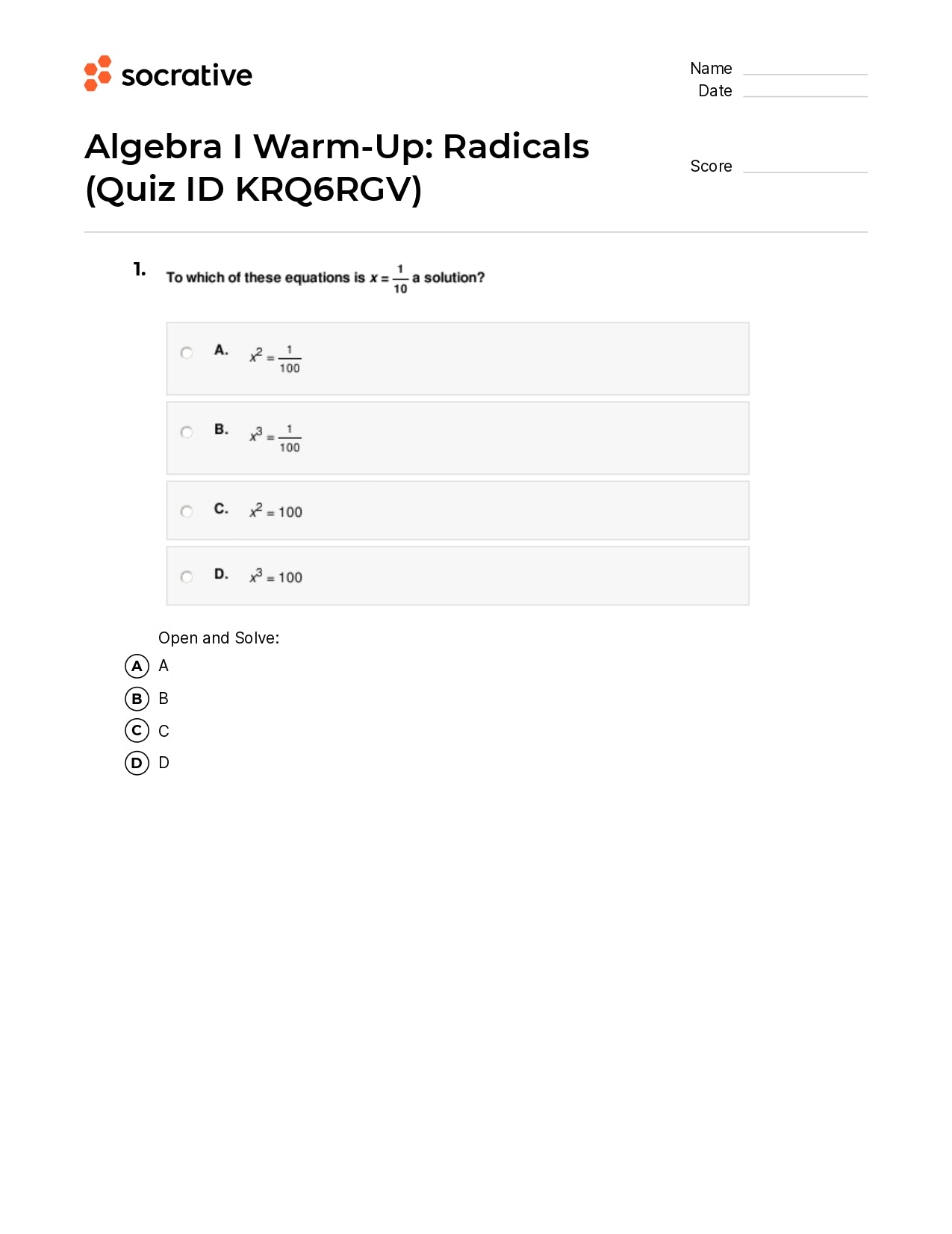 Algebra I Warm-Up Radicals
