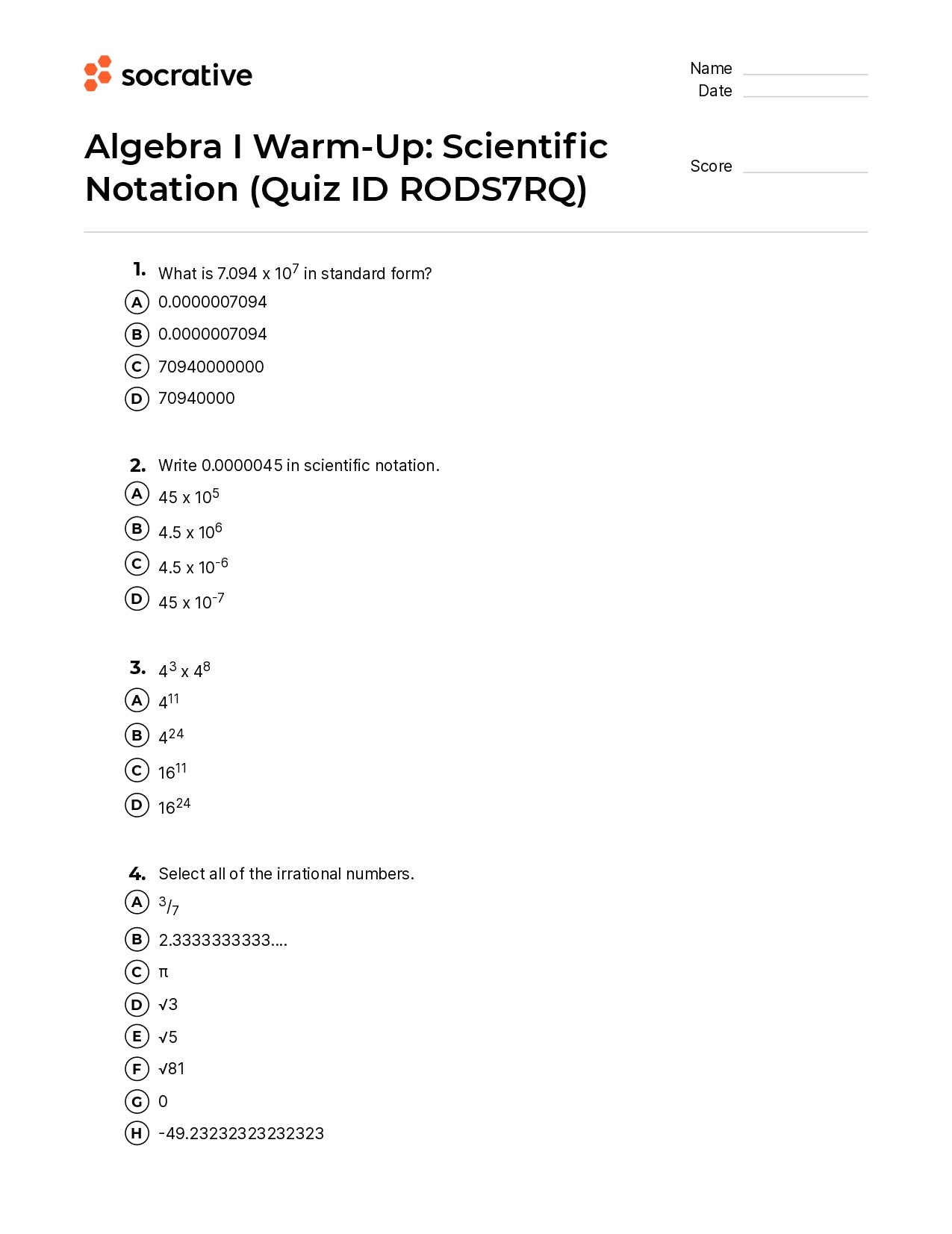 Algebra I Warm-Up Scientific Notation