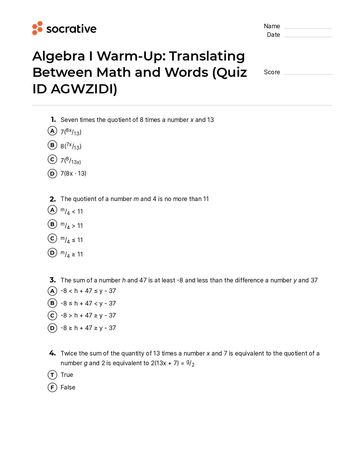 Algebra I Warm-Up Translating Between Math And Words