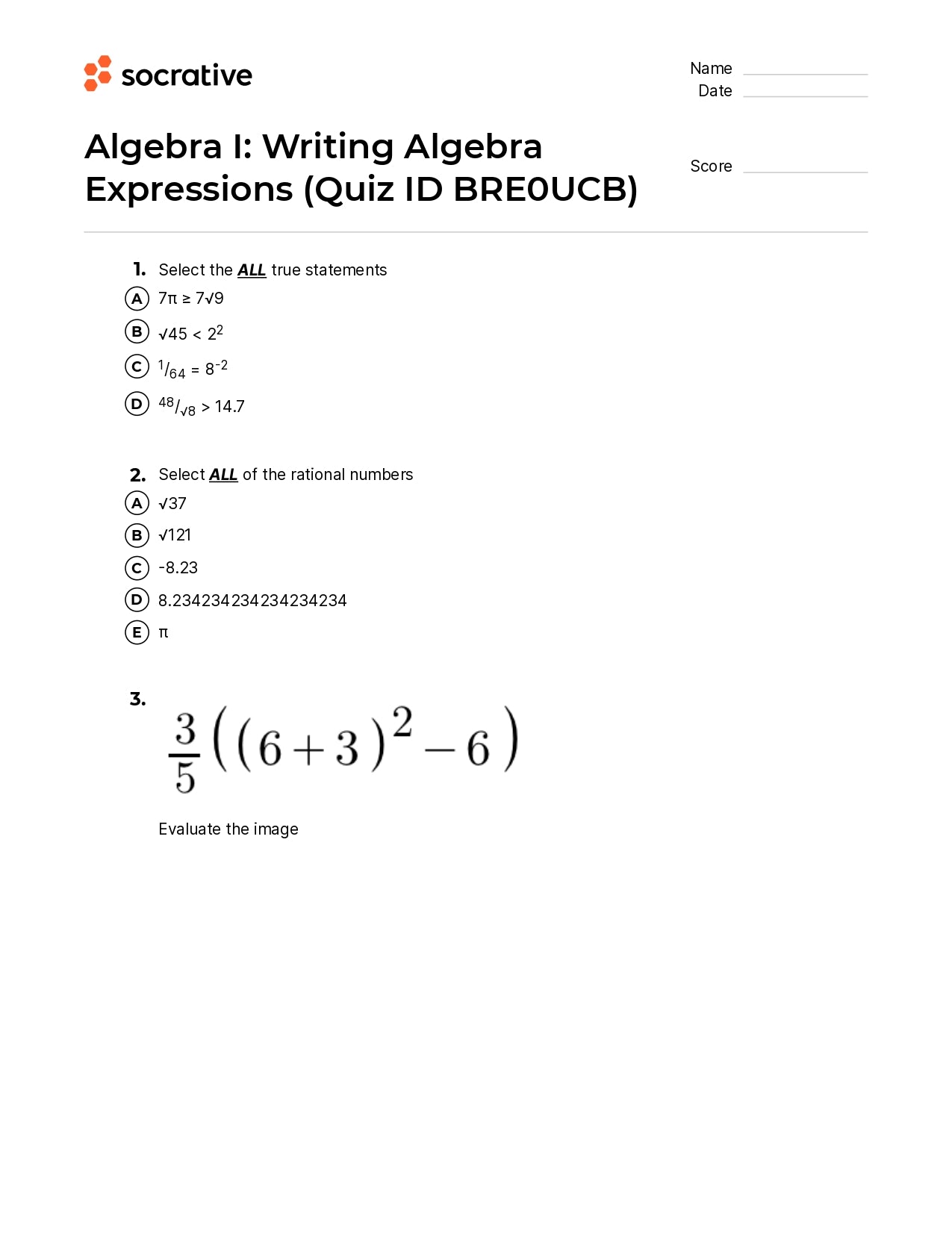 Algebra I Writing Algebra Expressions