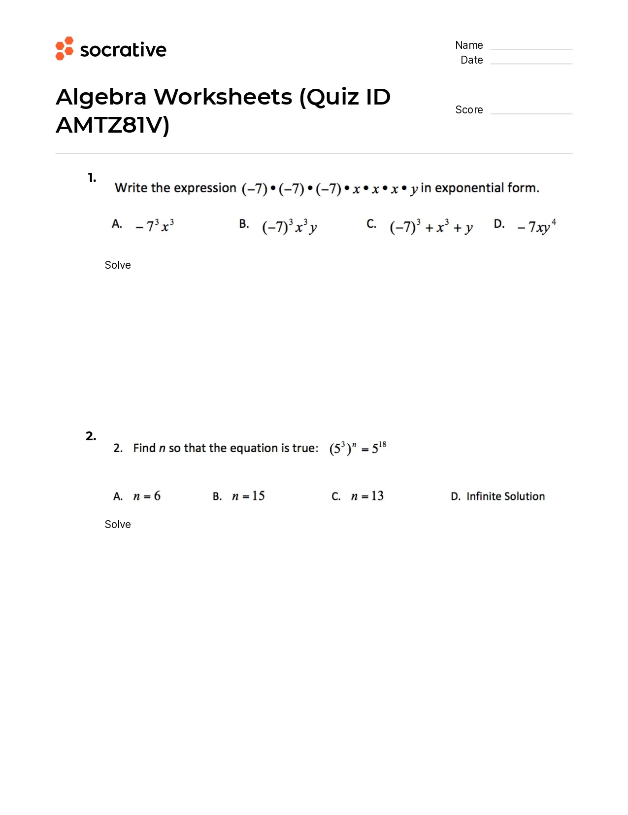 Algebra Worksheets