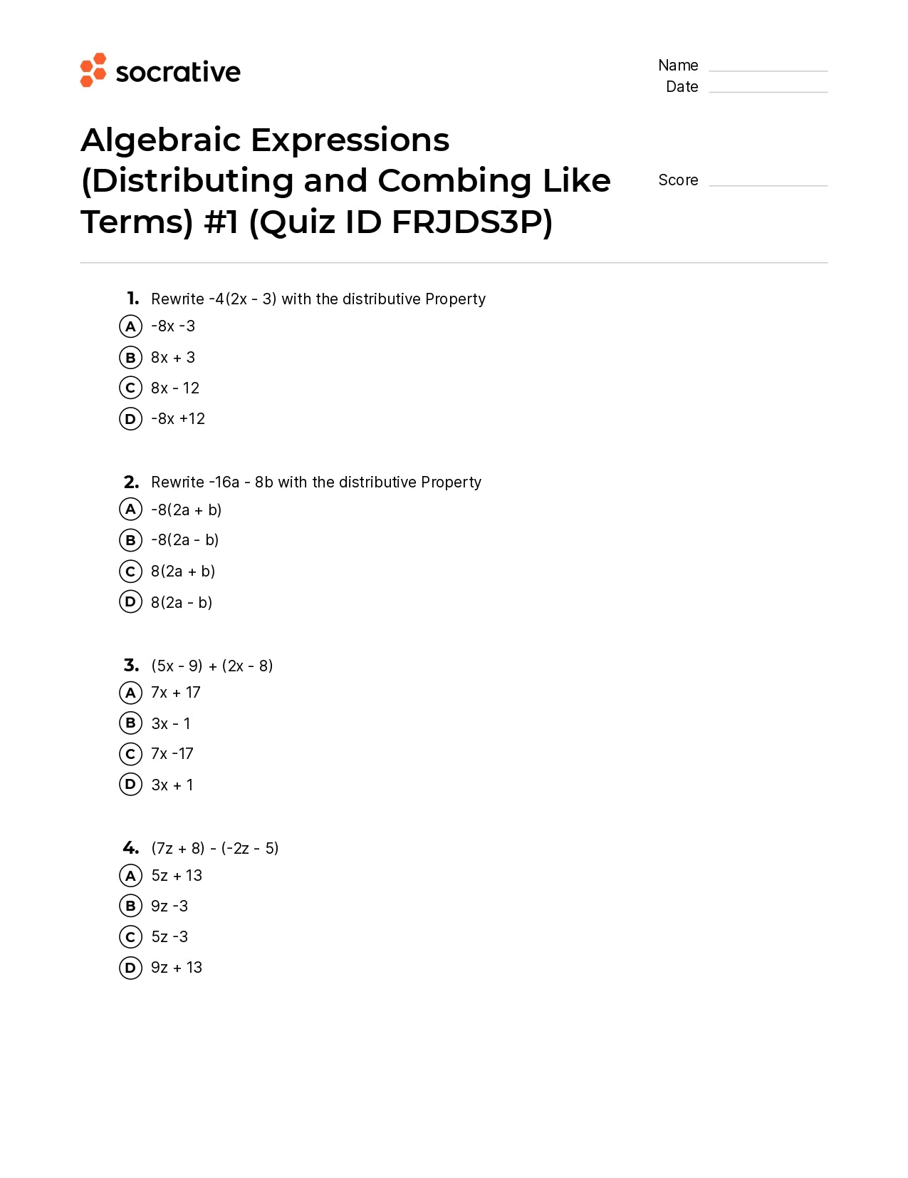 Algebraic Expressions (Distributing And Combing Like Terms) 1