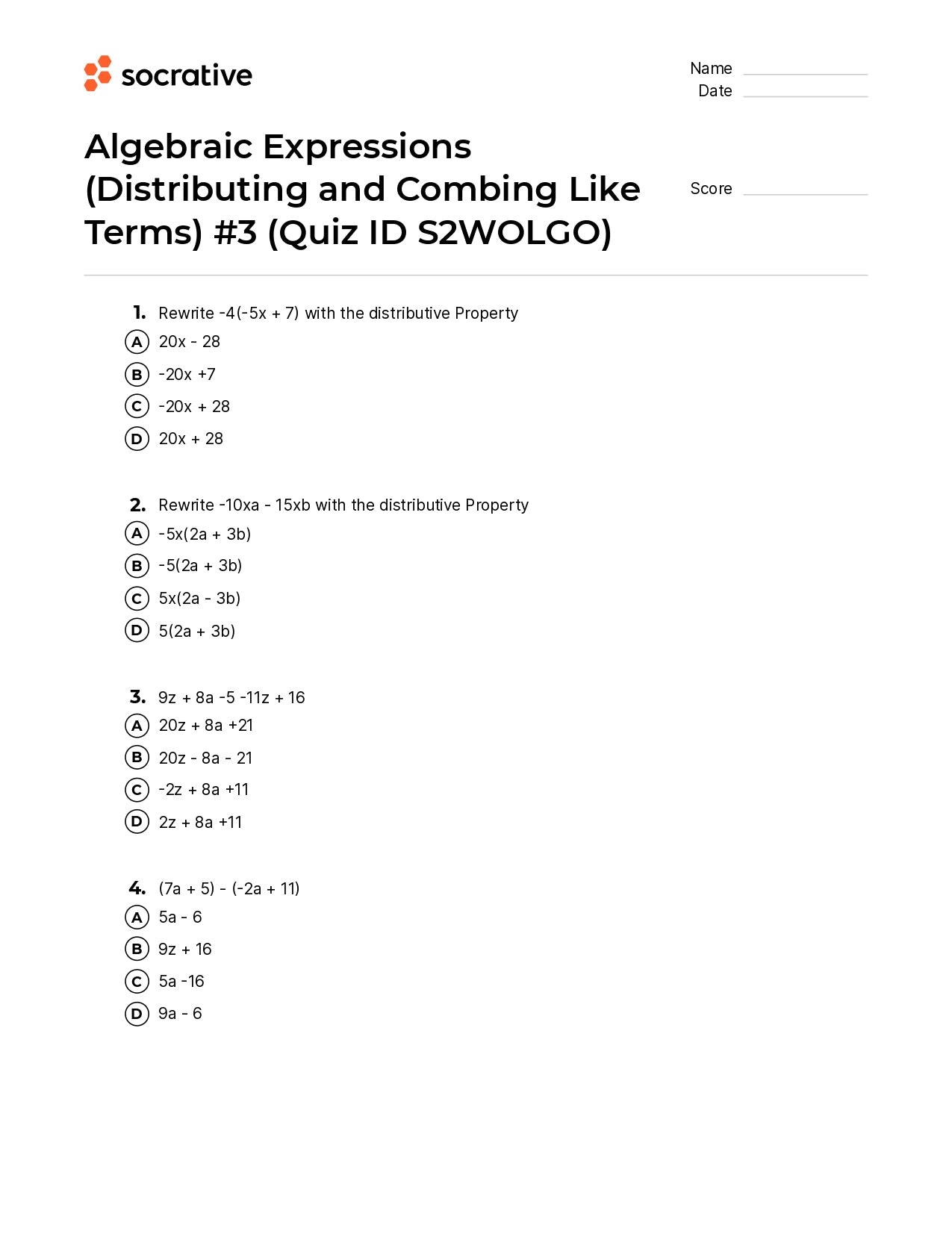 Algebraic Expressions (Distributing And Combing Like Terms) 3