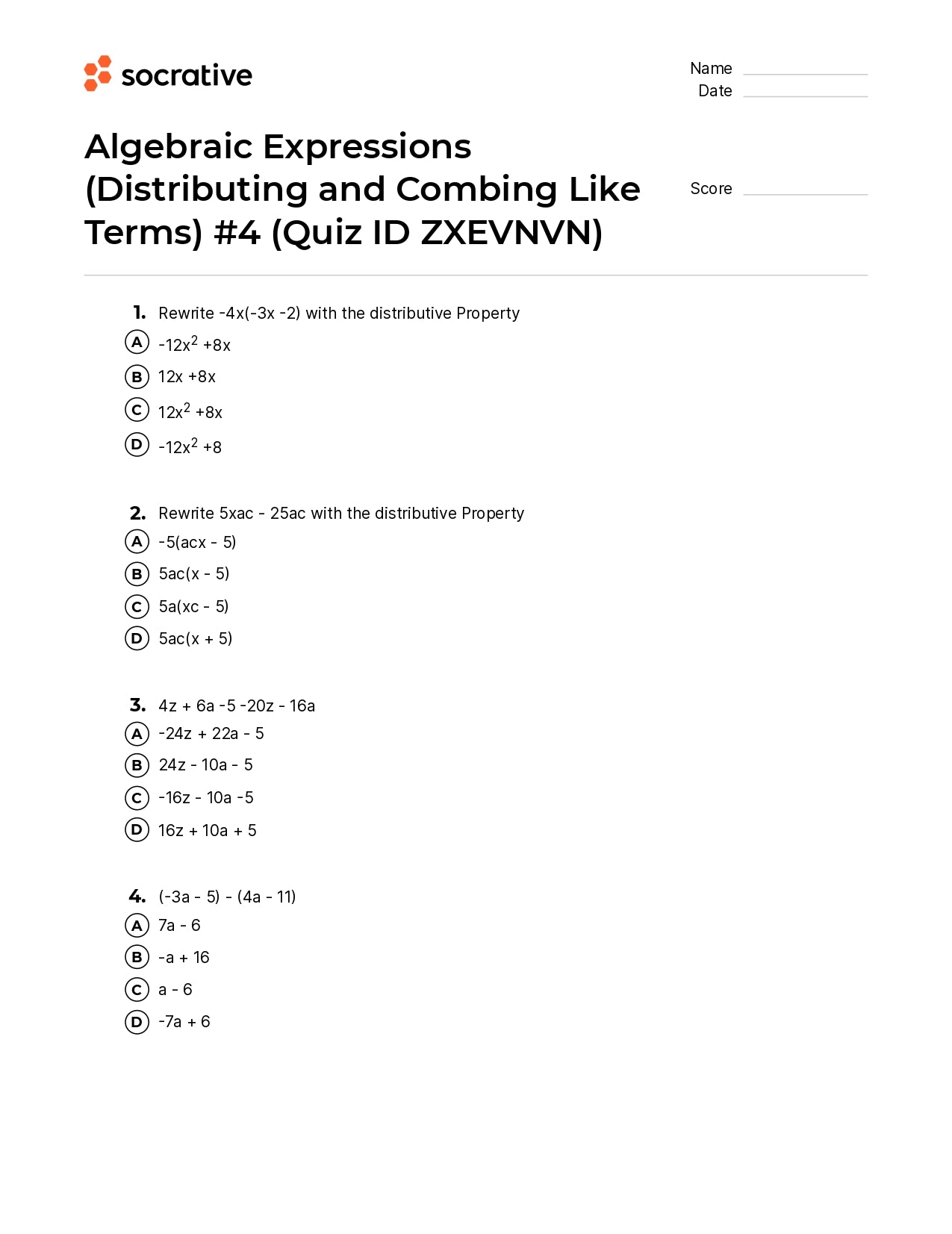 Algebraic Expressions (Distributing And Combing Like Terms) 4
