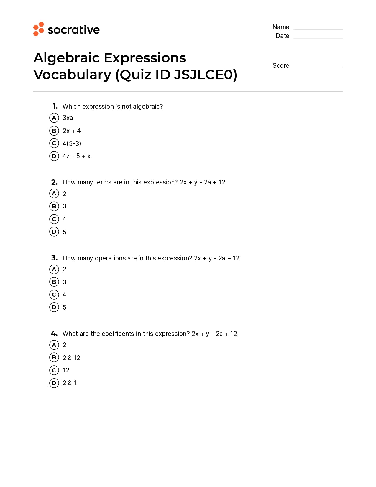 Algebraic Expressions Vocabulary