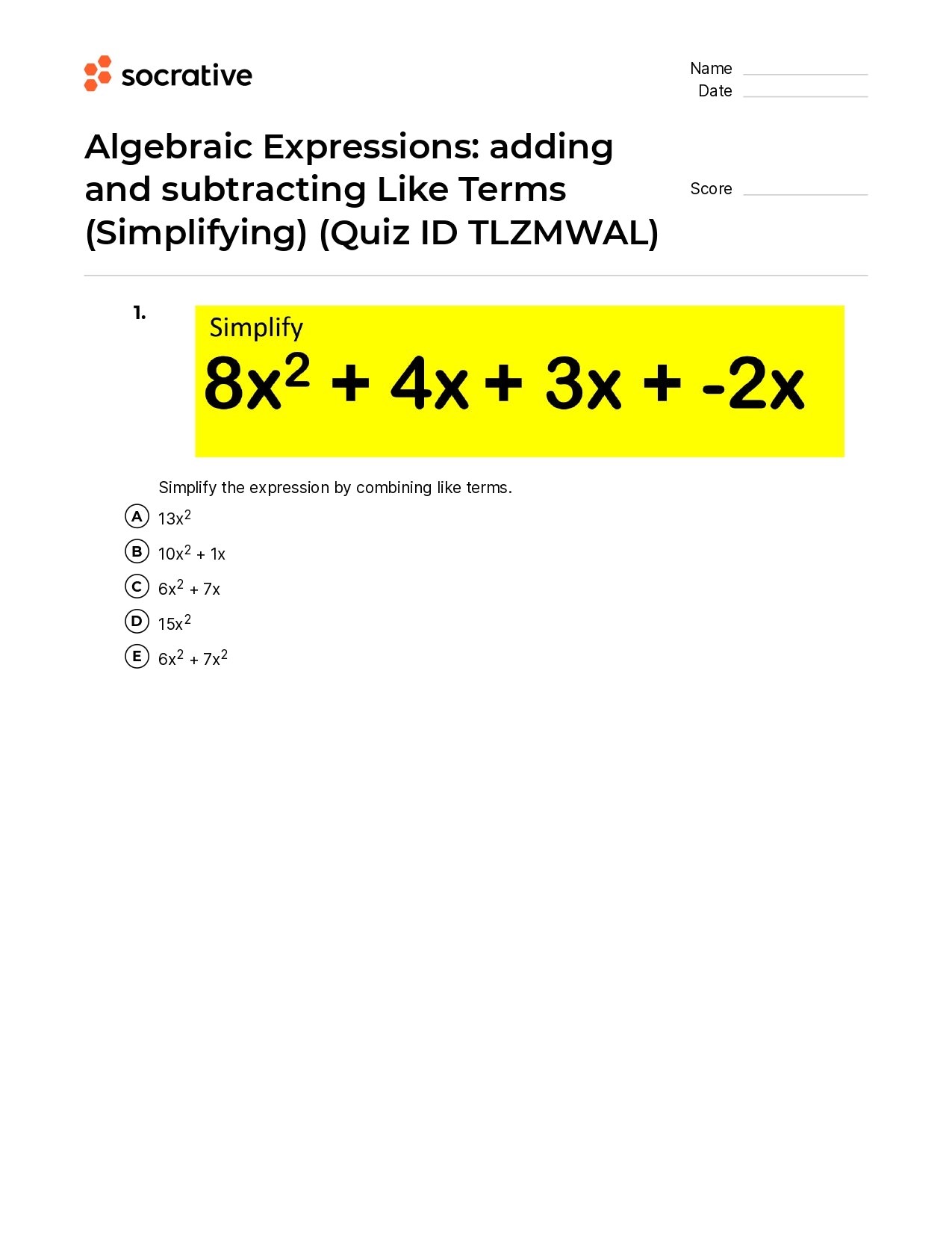 Algebraic Expressions Adding And Subtracting Like Terms (Simplifying)