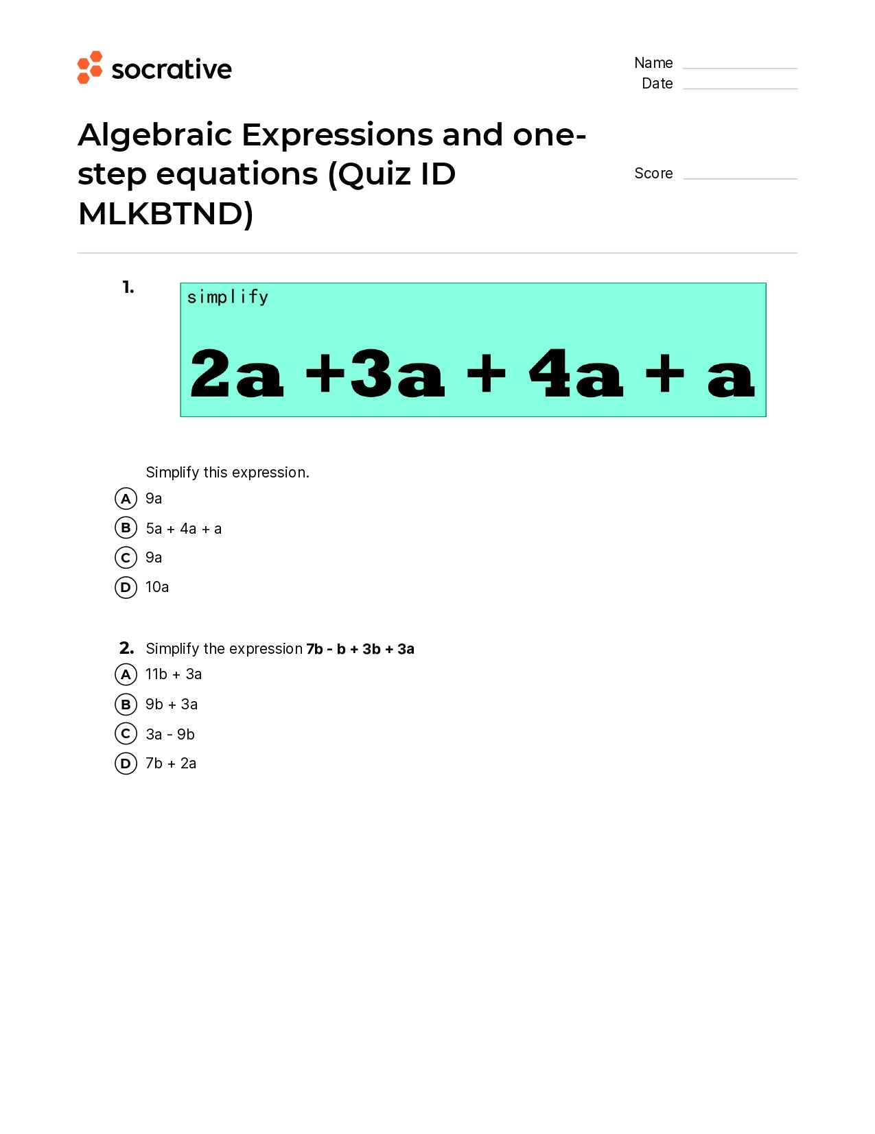 Algebraic Expressions And One-Step Equations