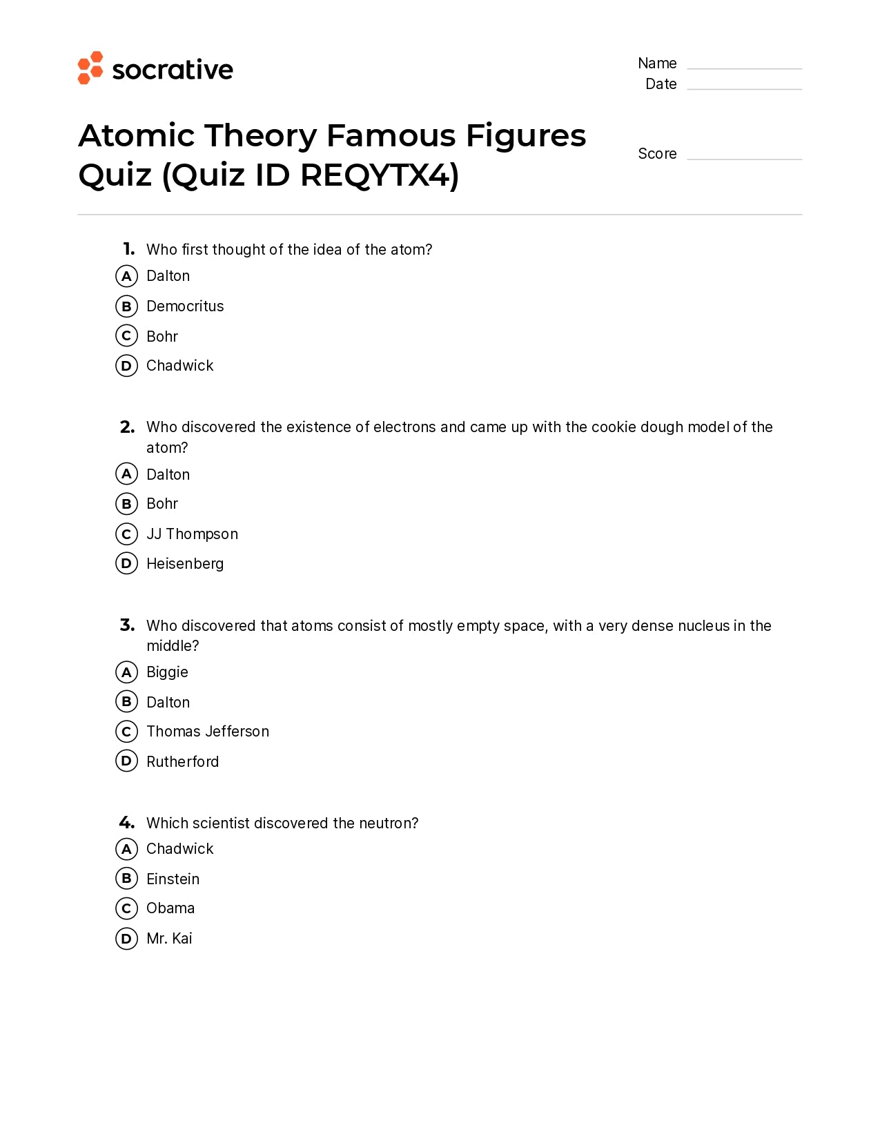 Atomic Theory Famous Figures Quiz