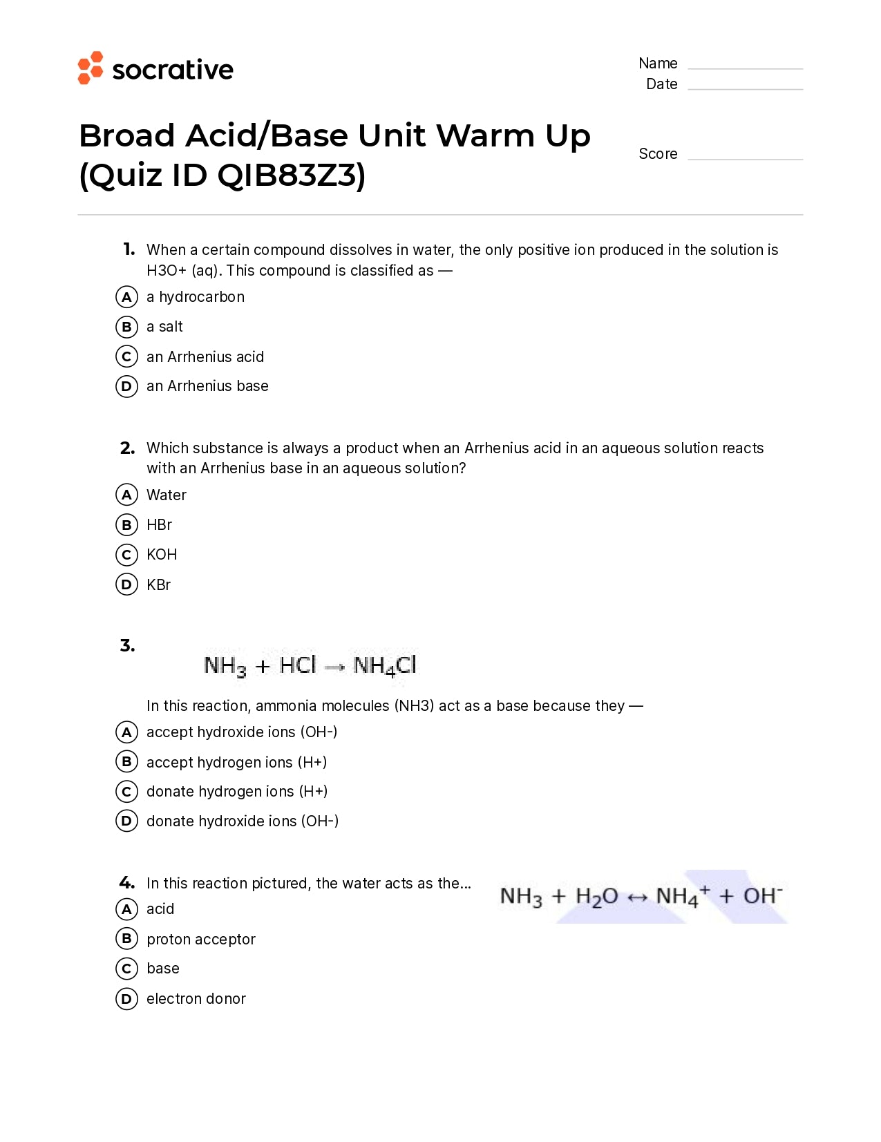 Broad Acid/Base Unit Warm Up