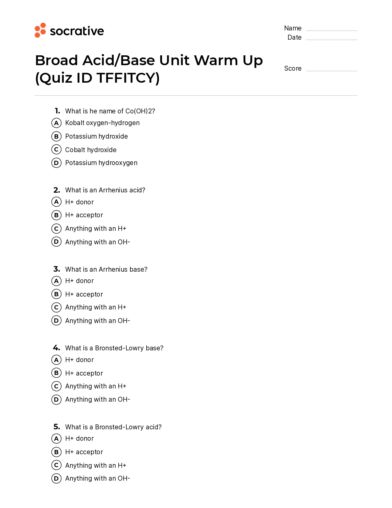 Broad Acid/Base Unit Warm Up